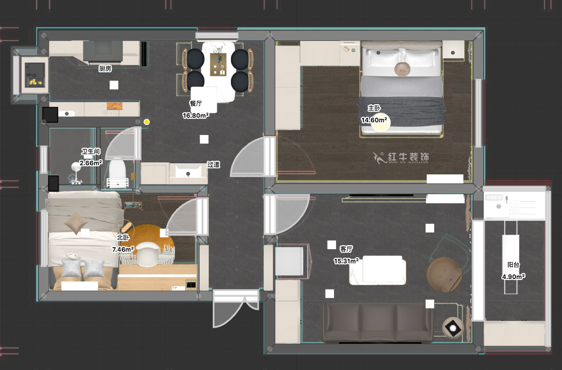 朱明琪｜旭光里53-301-70㎡-现代简约风格｜2室2厅1卫｜老房装修｜定制家｜全包12万｜00_03平面彩图
